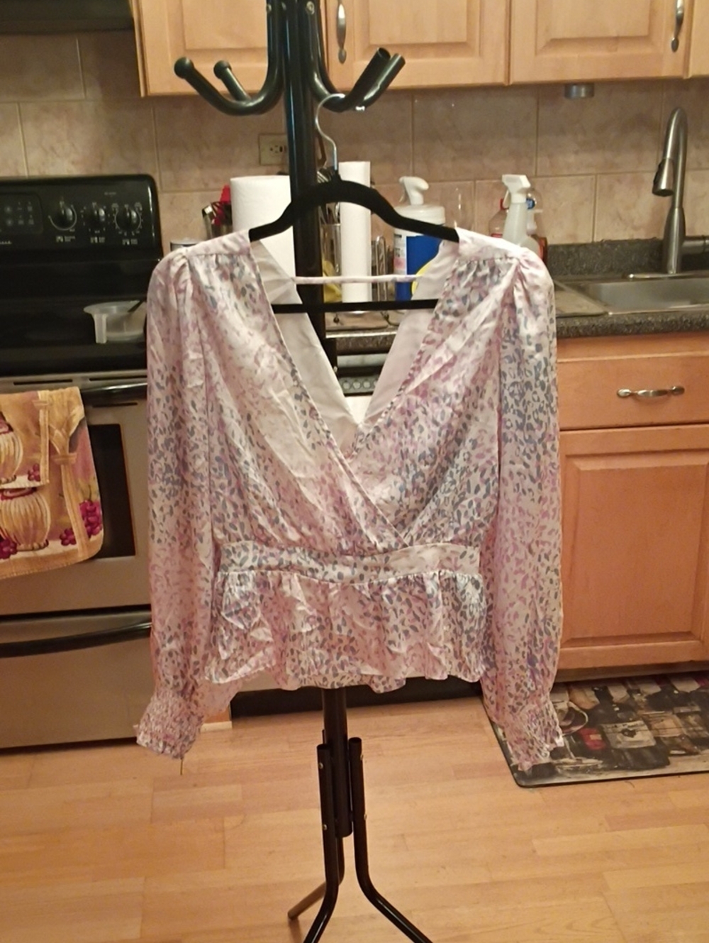 Express Lavender and Light Blue Floral Wrap Peplum Blouse
